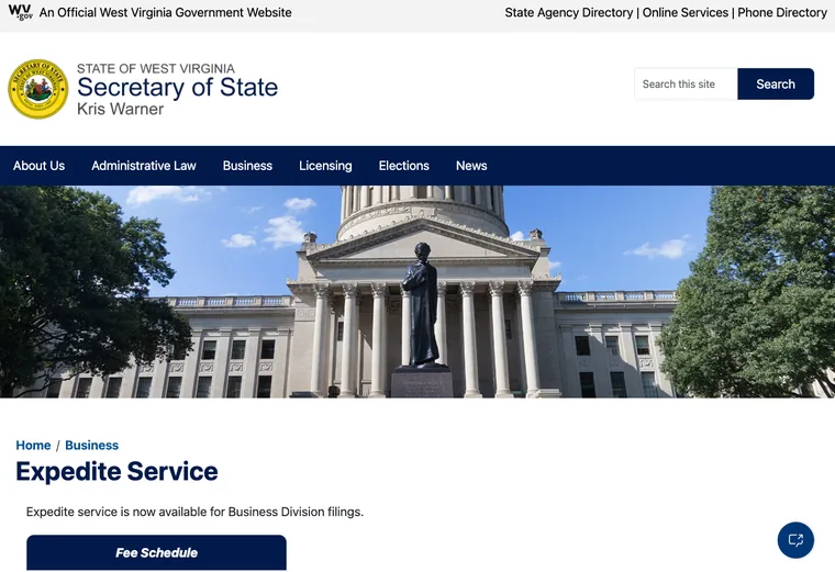 Official West Virginia LLC source showing processing times and expedited filing options