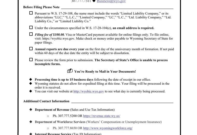 Official Wyoming LLC source showing formation filing requirements and submission details