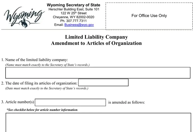 Official Wyoming LLC amendment form showing the name field, checklist and $60 filing fee