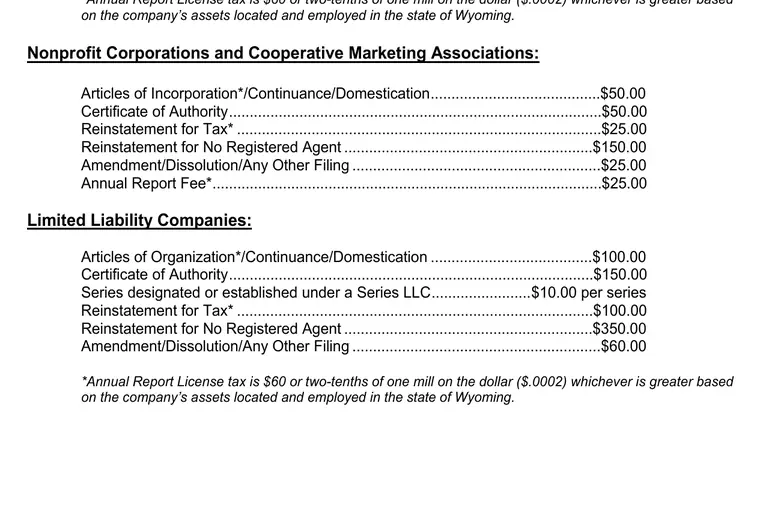 Official Wyoming fee schedule showing the $60 LLC amendment filing fee