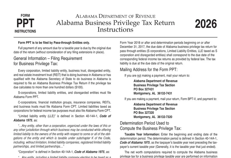 Official Alabama Department of Revenue 2026 Form PPT instructions for Business Privilege Tax returns, including filing requirements and due date