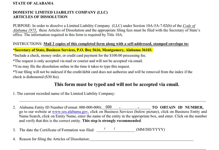 Official Alabama Domestic LLC Articles of Dissolution form showing the filing instructions, $100 fee, entity ID, and dissolution details