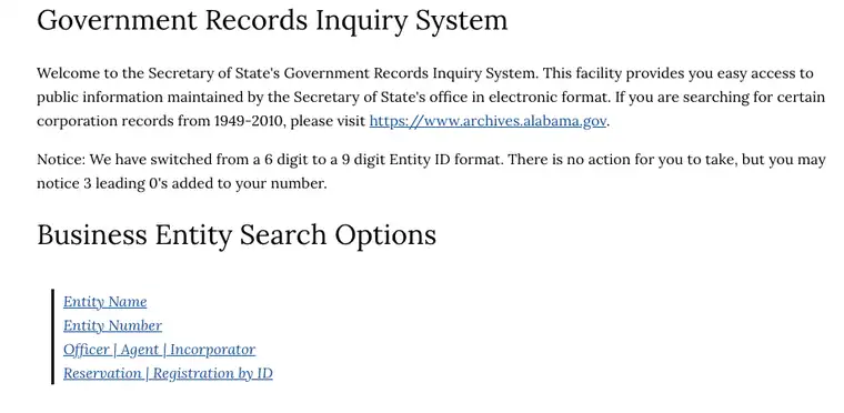 Alabama Secretary of State Business Entity Search Options with the Entity Name search link