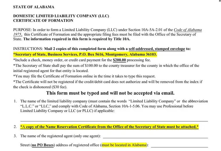 First page of the Alabama Domestic Limited Liability Company Certificate of Formation form