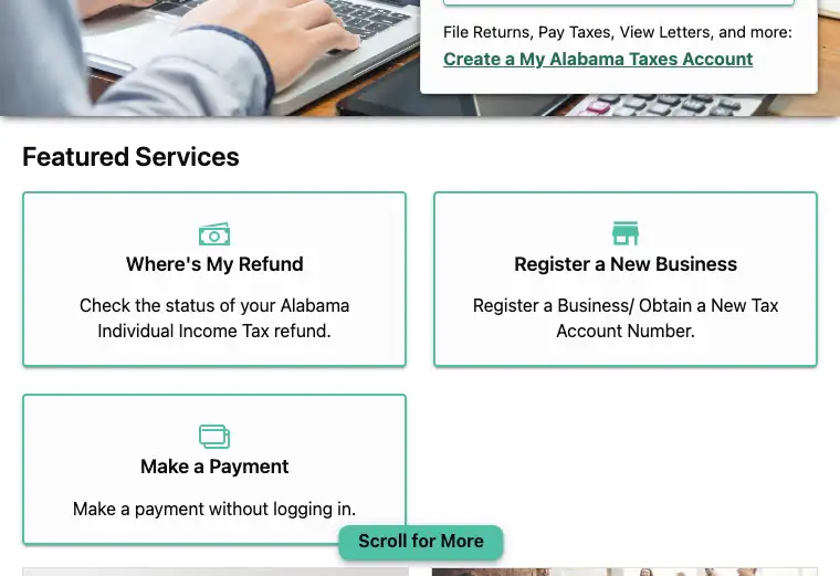 Official My Alabama Taxes portal showing Alabama Department of Revenue tax filing, account registration, and make-a-payment services
