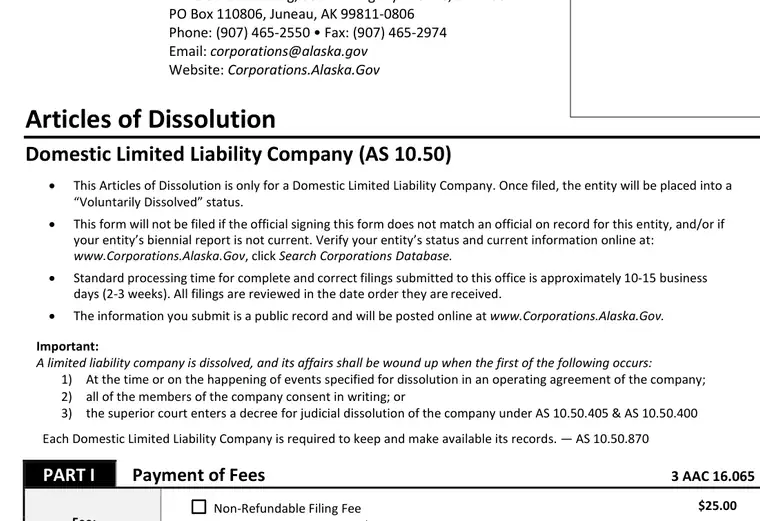 Official Alaska LLC dissolution source reference for the filing form or instructions