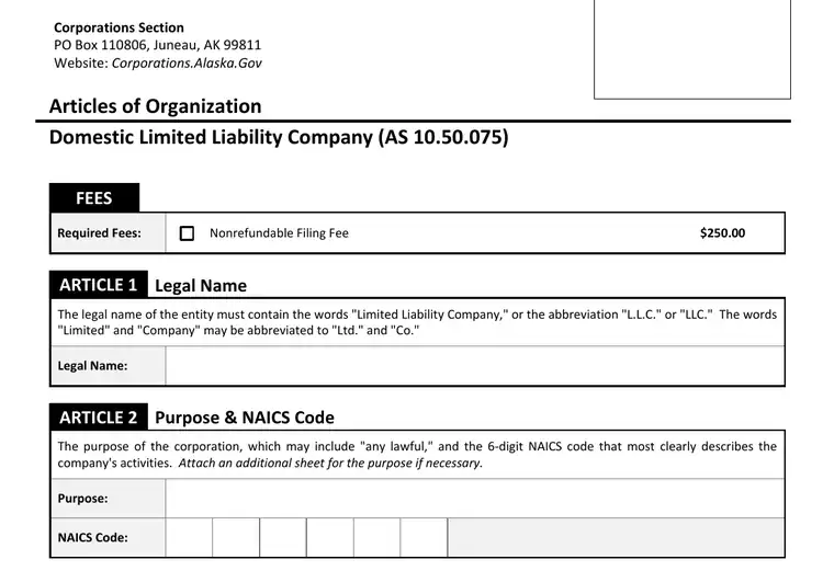 Official Alaska LLC formation form showing the LLC name and filing details