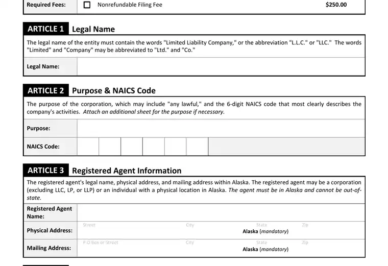 Official Alaska LLC formation form showing registered-agent, organizer, and submission details