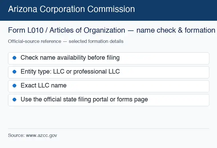 Official Arizona formation source reference for checking an LLC name and starting the filing process