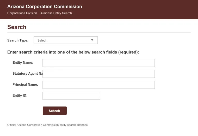 Official Arizona business entity search interface for looking up an LLC by name or identification number