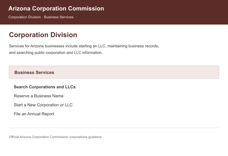 Official Arizona business-record guidance showing how to review entity status, filings, or record details