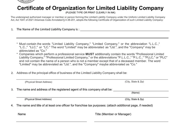 Official Arkansas LLC formation form showing the LLC name and filing details