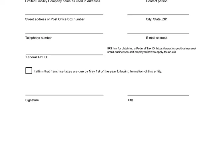 Official Arkansas LLC formation form showing registered-agent, organizer, and submission details