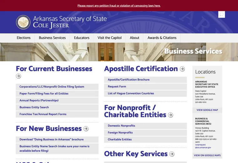 Official Arkansas business-record guidance showing how to review entity status, filings, or record details