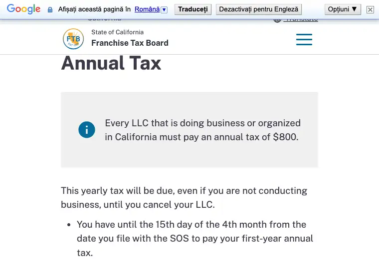 Official California LLC additional LLC cost source