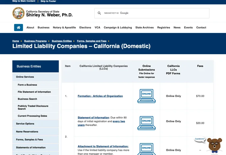 Official California LLC source showing formation filing requirements and submission details