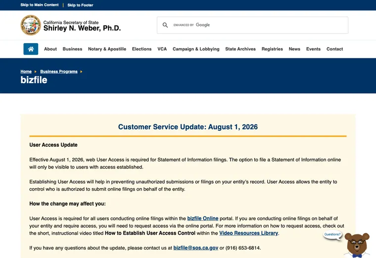 Official California business-record guidance showing how to review entity status, filings, or record details