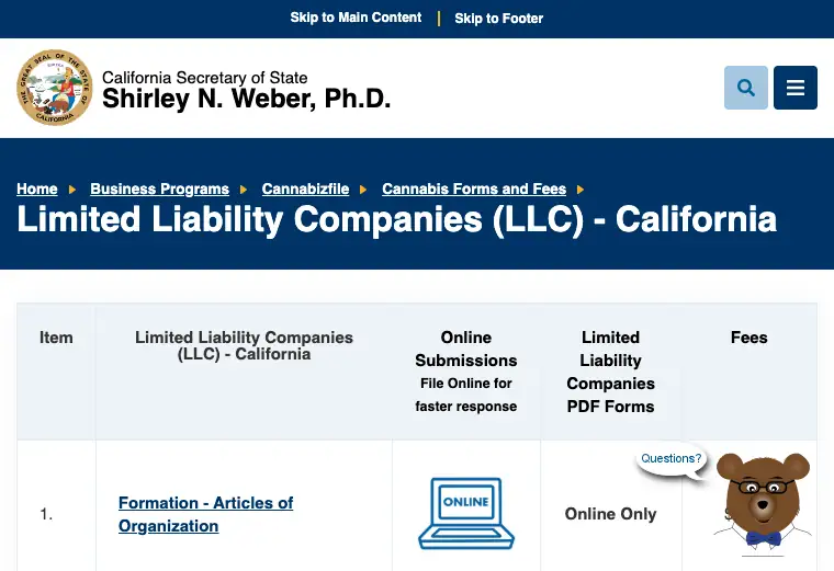 Official California LLC formation filing source
