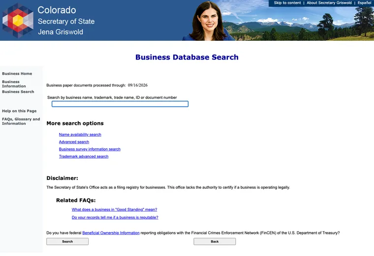 Official Colorado business entity search interface for looking up an LLC by name or identification number