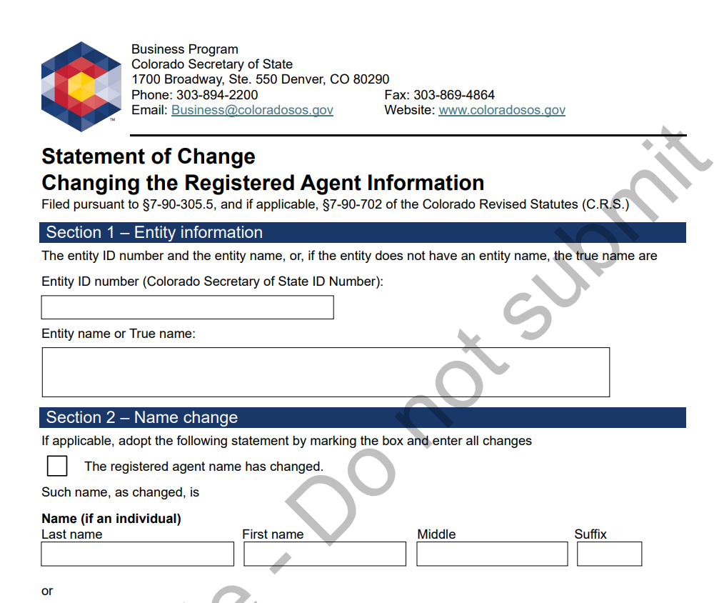 Colorado Secretary of State online filing page for Statement of Change of Registered Agent, showing the online-only submission process and instant processing confirmation