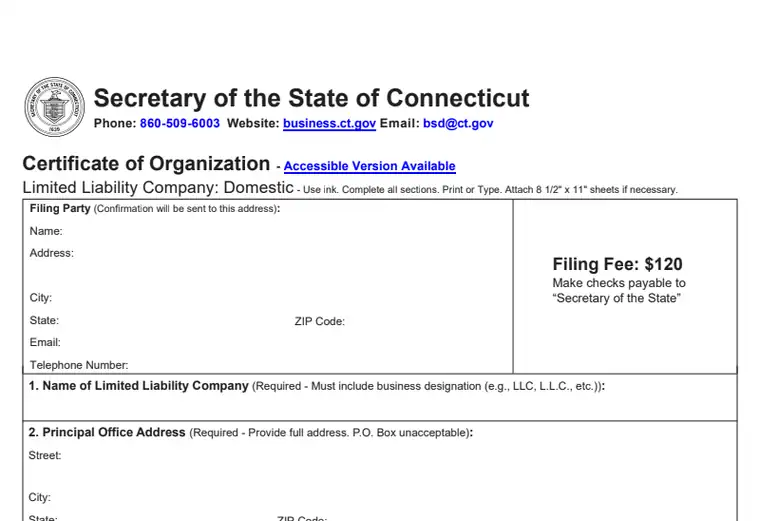Connecticut Certificate of Organization showing the $120 filing fee, LLC name, and principal office fields