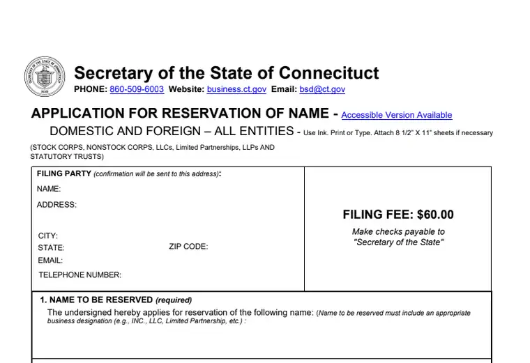 Connecticut Application for Reservation of Name showing the $60 filing fee and required name field