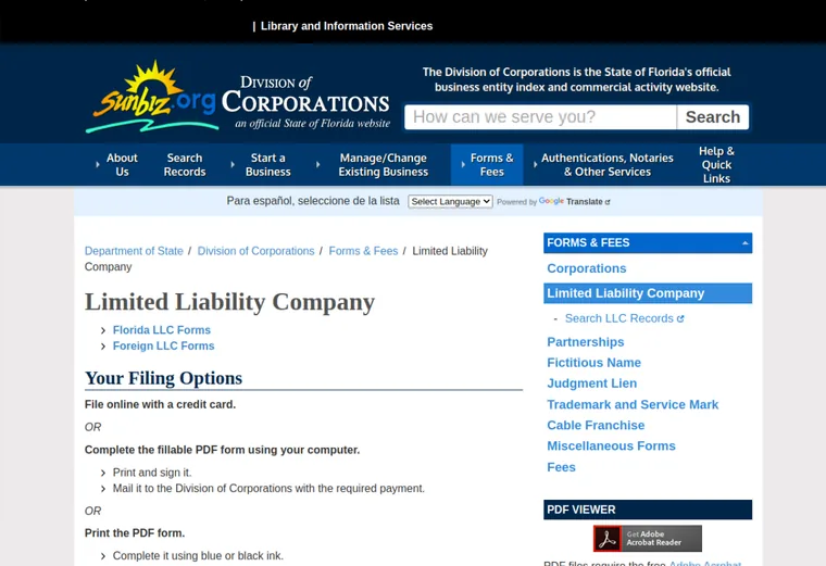 Official Florida LLC source showing formation filing requirements and submission details