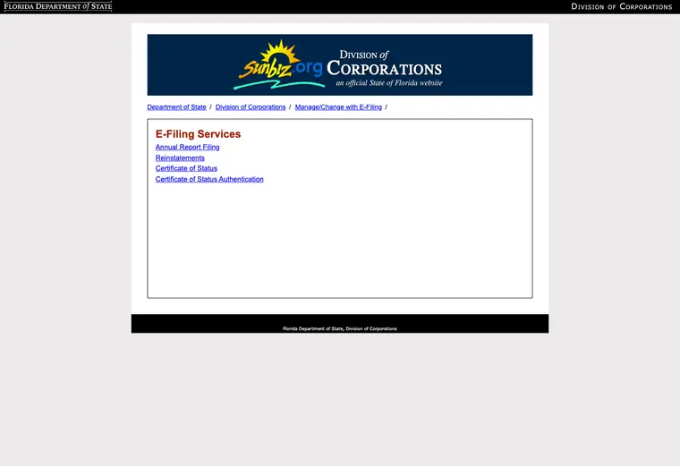 Official Florida Division of Corporations e-filing services page showing state business filing options