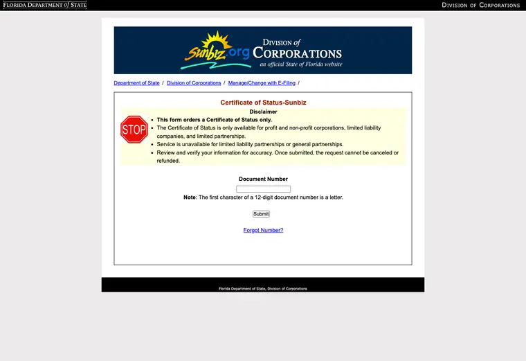 Official Florida Division of Corporations Certificate of Status page for verifying an LLC record