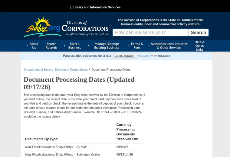 Official Florida LLC source showing processing times and expedited filing options
