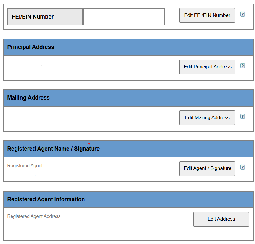 Florida Sunbiz online annual report filing page showing the registered agent and registered office section where LLC owners can update agent information during the annual report submission