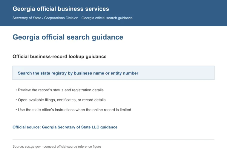 Official Georgia business-record guidance showing how to review entity status, filings, or record details
