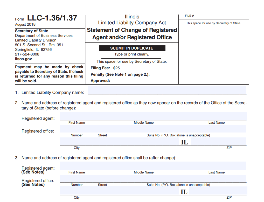 Illinois Secretary of State Statement of Change of Registered Agent and Registered Office form LLC-1.36, showing fields for LLC name, current registered agent, new registered agent name, physical street address, and authorized signature