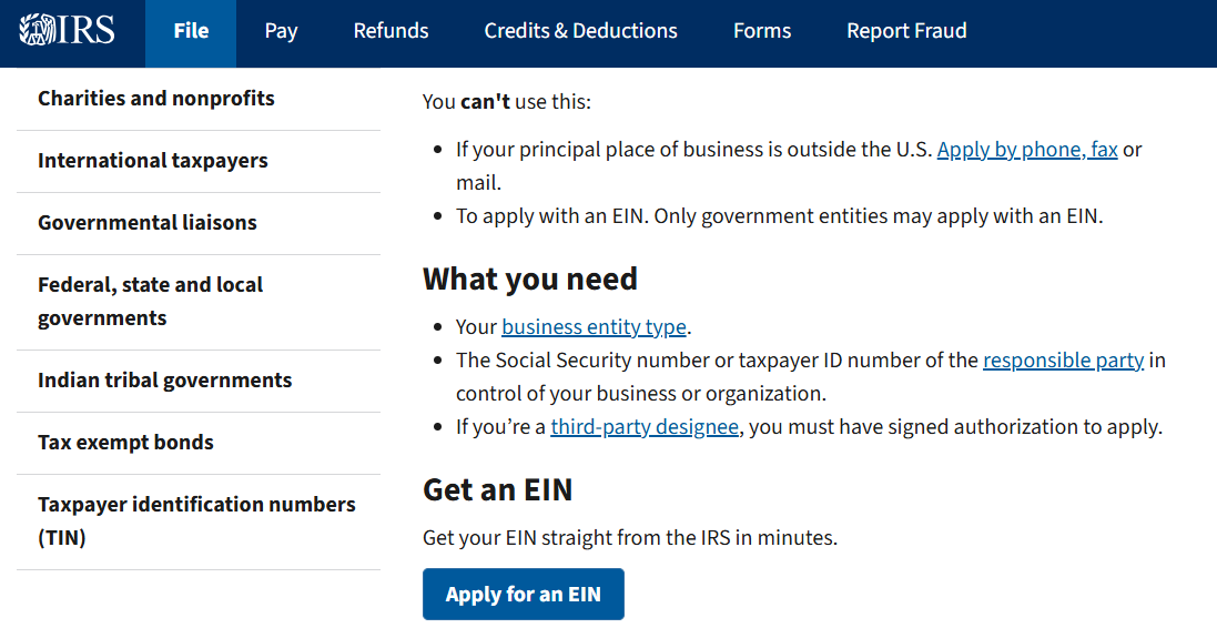 IRS webpage for applying for an Employer Identification Number online, showing the Apply Online Now button and eligibility requirements for U.S.-based businesses.