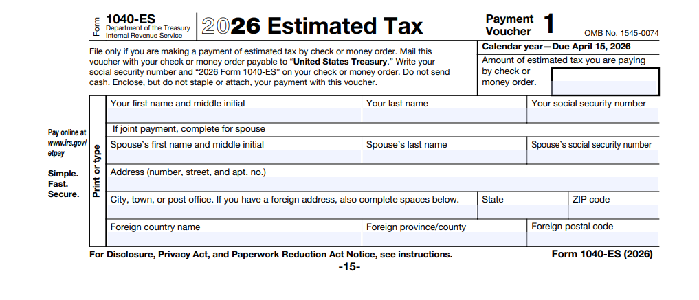 IRS Form 1040-ES estimated tax payment voucher showing quarterly payment fields for LLC members submitting estimated federal income tax payments.