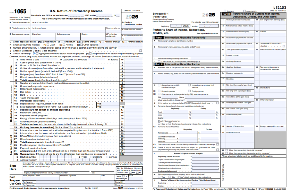IRS Form 1065 U.S. Return of Partnership Income cover page next to a blank Schedule K-1 showing partner's share of income, deductions, and credits for multi-member LLC filing.