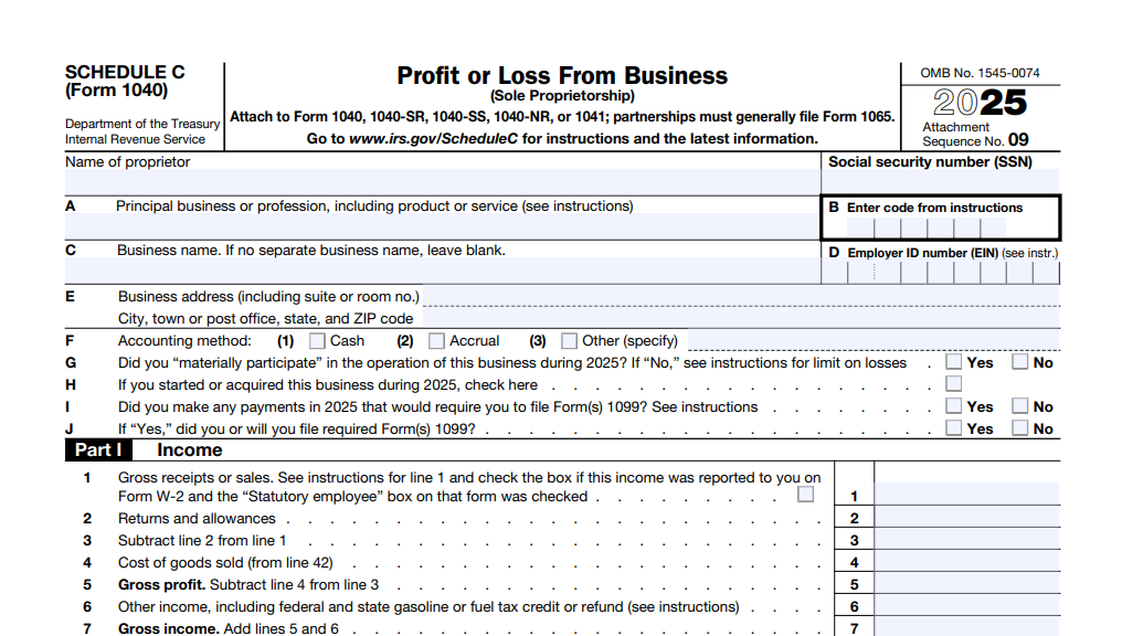 IRS Schedule C (Form 1040), Profit or Loss From Business, showing Part I Income section where single-member LLC owners report gross receipts and business income.