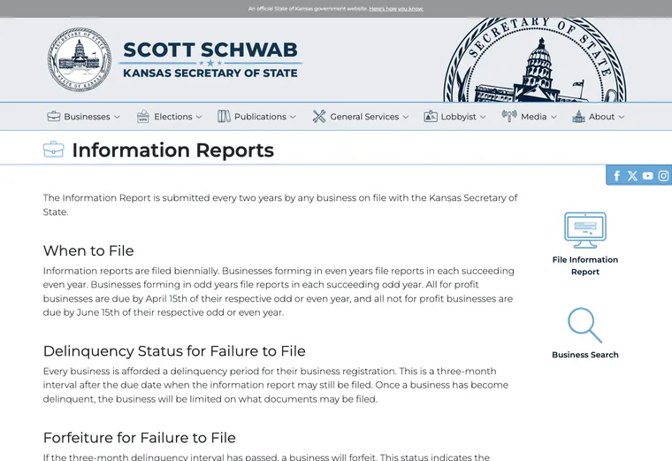 Official Kansas business-record guidance showing how to review entity status, filings, or record details