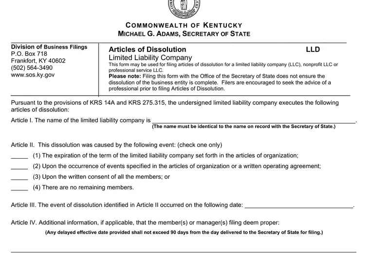 Official Kentucky LLC dissolution source reference for the filing form or instructions