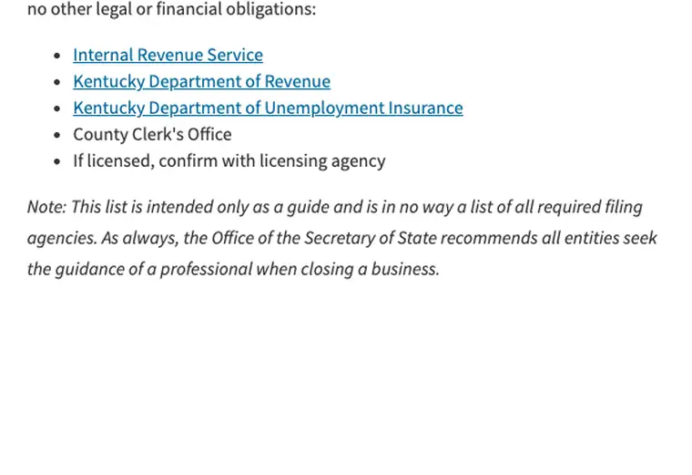 Official Kentucky LLC dissolution source reference for the filing process and requirements