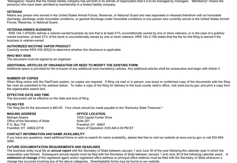Official Kentucky LLC formation form showing registered-agent, organizer, and submission details