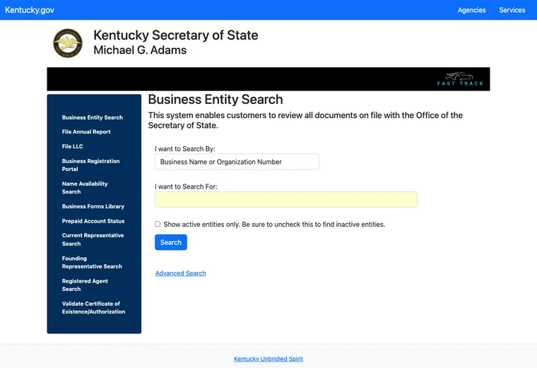 Official Kentucky business entity search interface for looking up an LLC by name or identification number