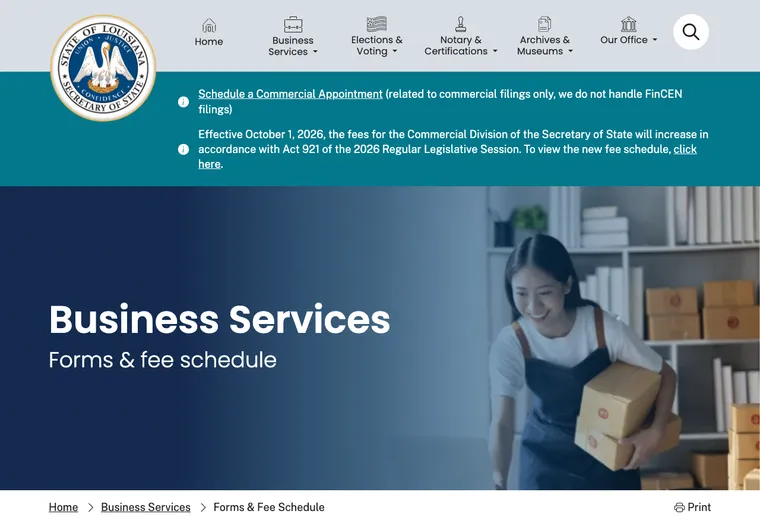 Official Louisiana business-record guidance showing how to review entity status, filings, or record details