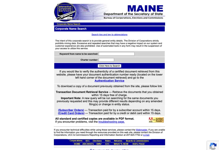 Official Maine business entity search interface for looking up an LLC by name or identification number