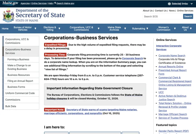 Official Maine business-record guidance showing how to review entity status, filings, or record details