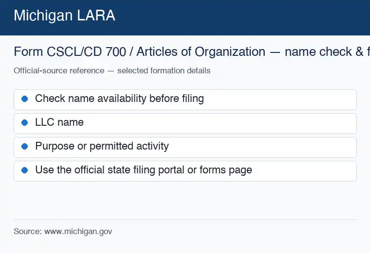 Official Michigan formation source reference for checking an LLC name and starting the filing process