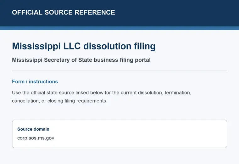 Official Mississippi LLC dissolution source reference for the filing form or instructions