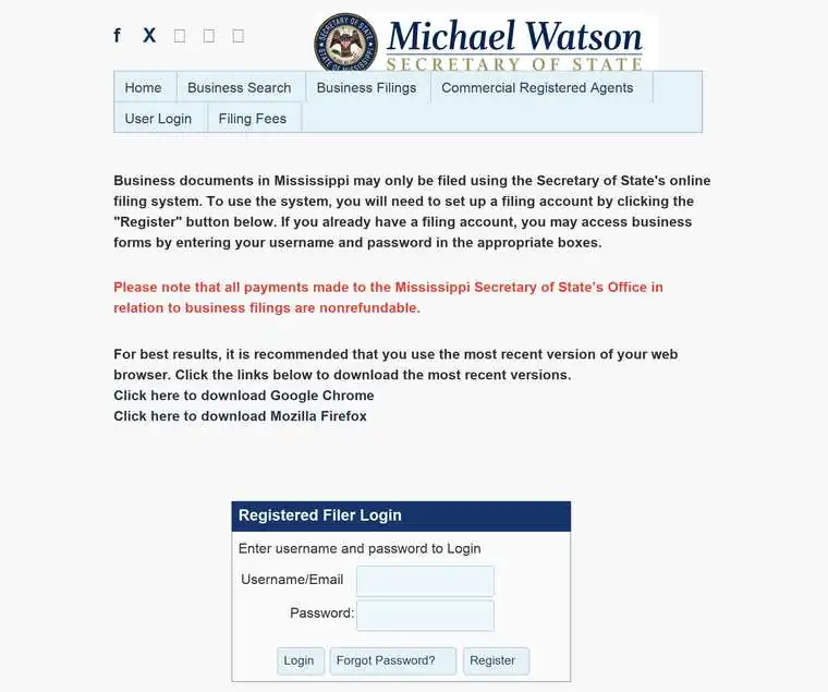 Mississippi Secretary of State online business filing login