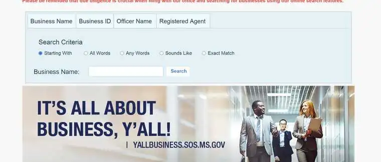 Mississippi Secretary of State business name search form