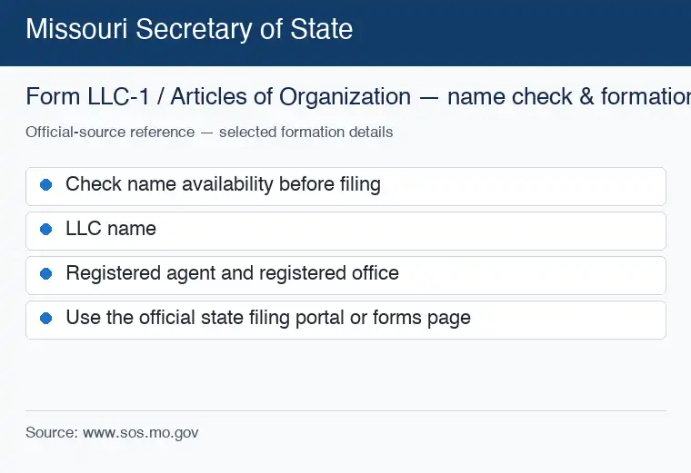 Official Missouri formation source reference for checking an LLC name and starting the filing process